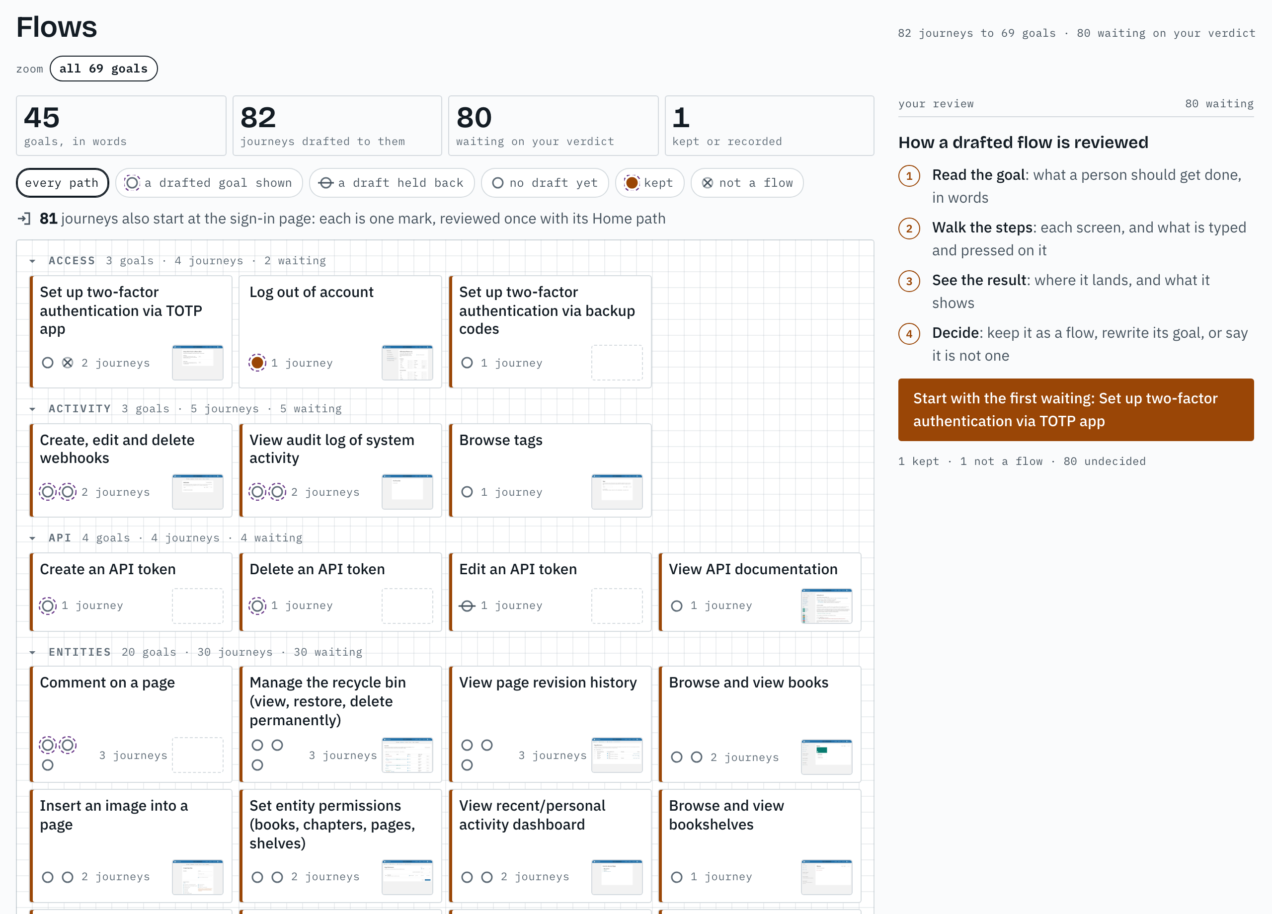 Flows: goals by module, each flow waiting on a verdict