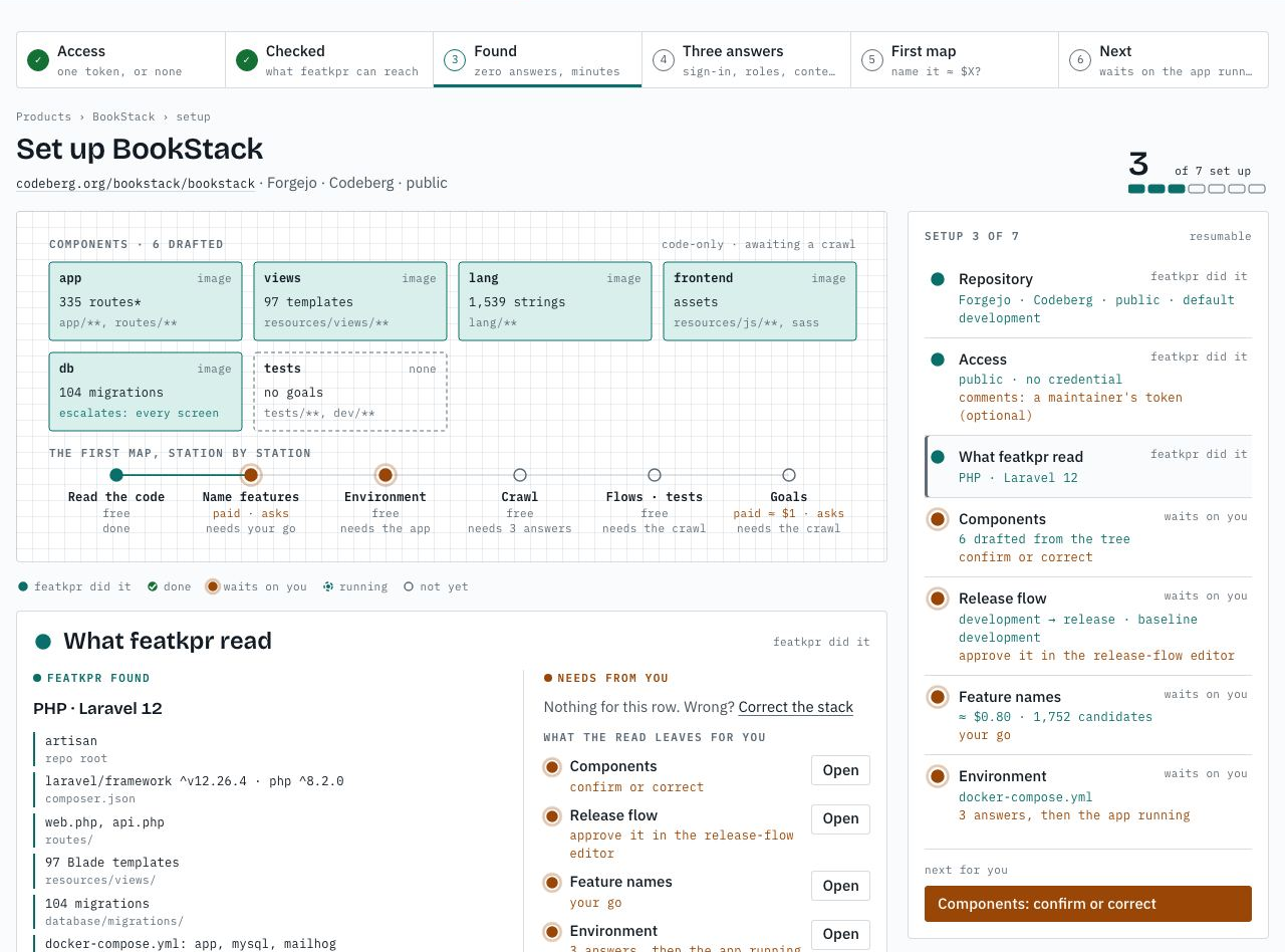 design, not built yet: the setup list beside the map, BookStack at row 3 of 7