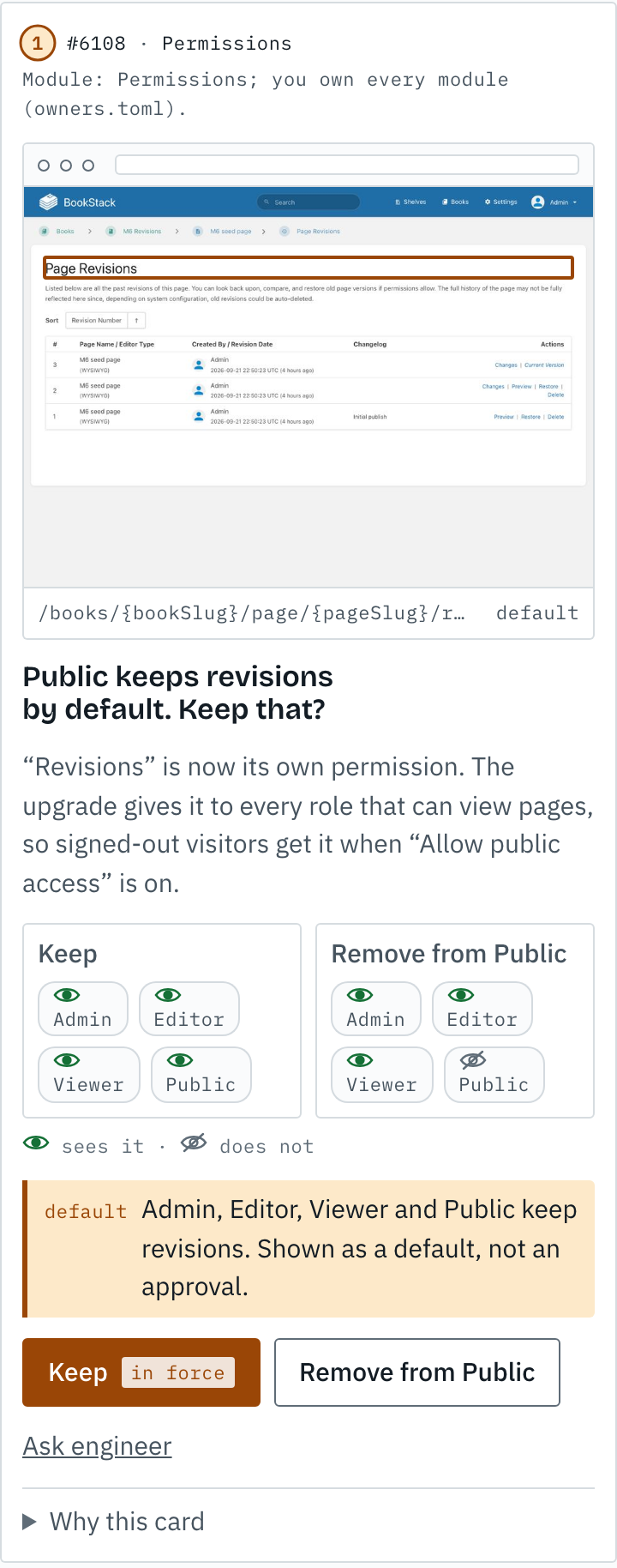 A question card: #6108 in the Permissions module, BookStack's Page Revisions screen with the heading outlined, the question Public keeps revisions by default, keep that, two frames of roles under Keep and Remove from Public with an eye per role, the default in force, and the buttons Keep, Remove from Public and Ask engineer.