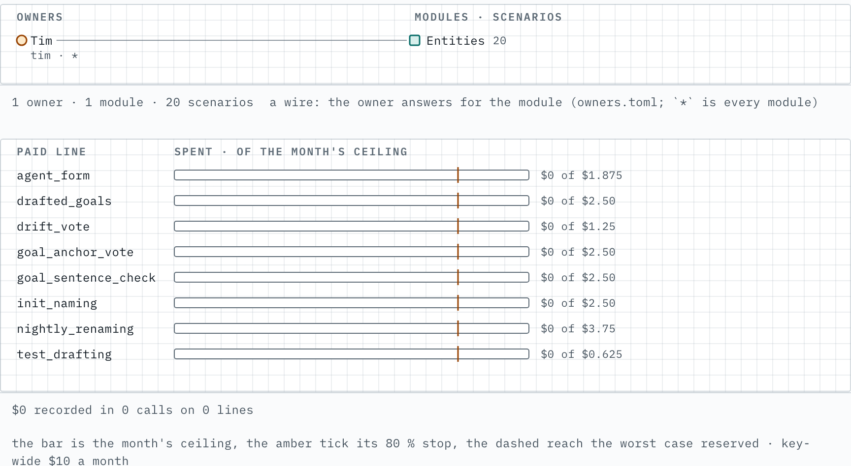 The Settings screen: an owner wired to the Entities module, then eight paid model lines (naming, drafting goals, votes, drafting tests), each with a bar against its monthly ceiling and an amber tick at 80 percent.