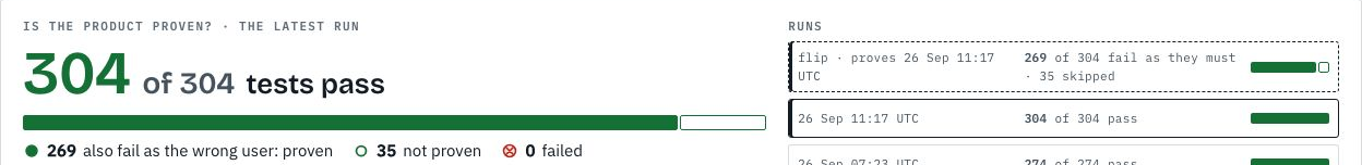 The Runs verdict: every test of the run passes, a green bar, the counts that failed as the wrong user, are unchecked and failed, and the list of runs beside it with the wrong-user run on top.